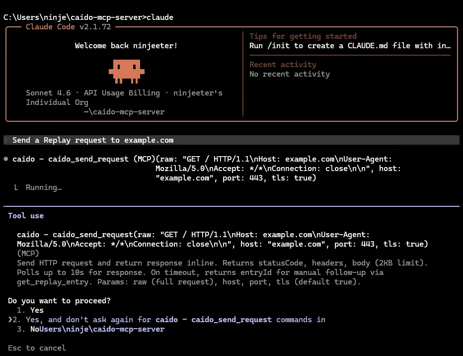 Claude Code sending a request through the Caido MCP Server