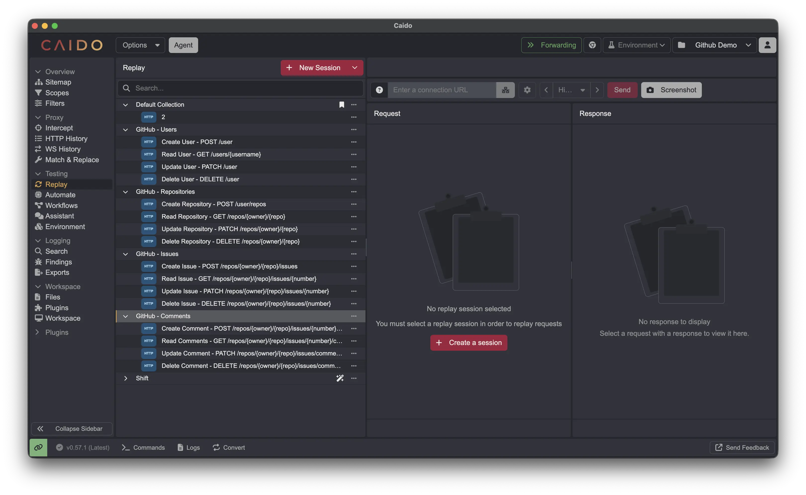 Caido Replay collections organized by domain resource with CRUD sessions